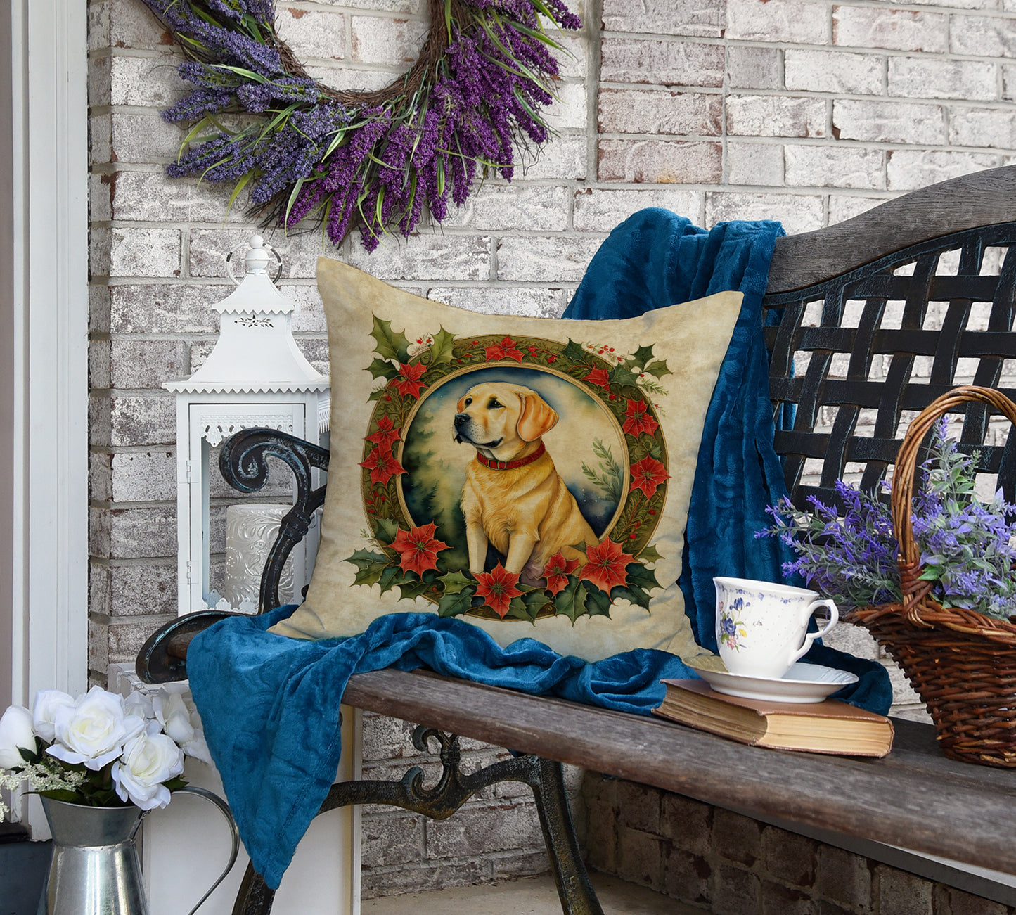 Labrador Retriever Christmas Flowers Throw Pillow