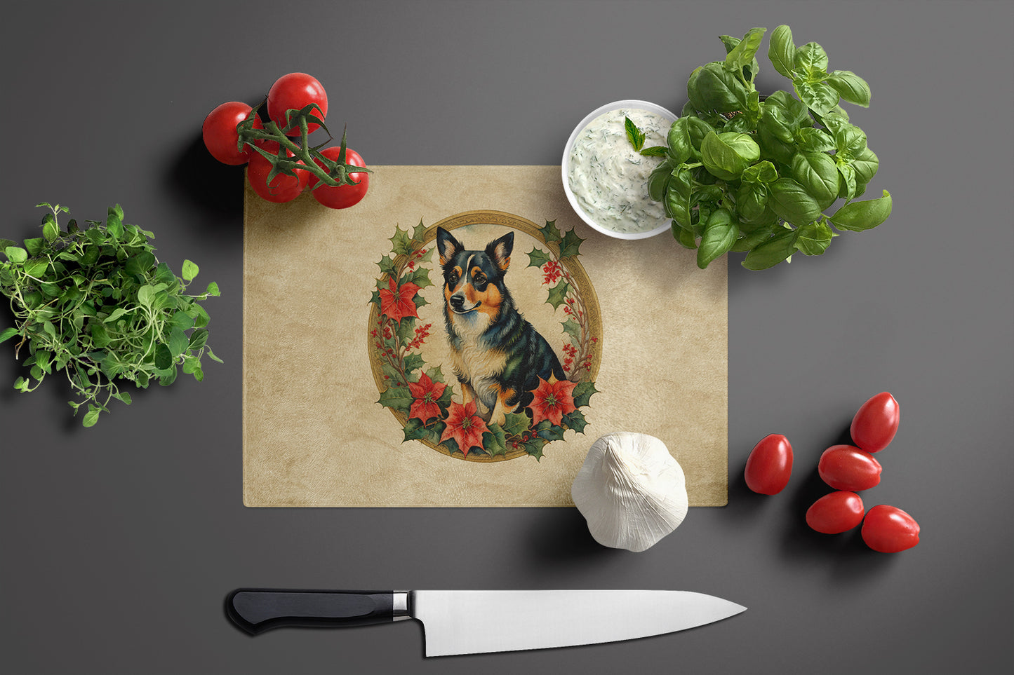 Lancashire Heeler Christmas Flowers Glass Cutting Board