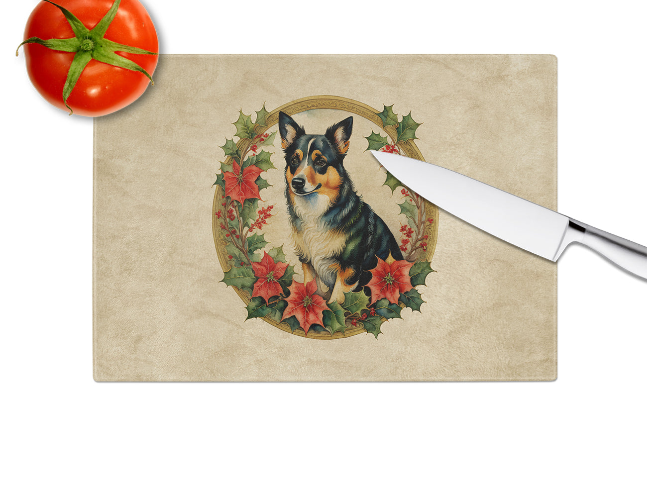 Lancashire Heeler Christmas Flowers Glass Cutting Board