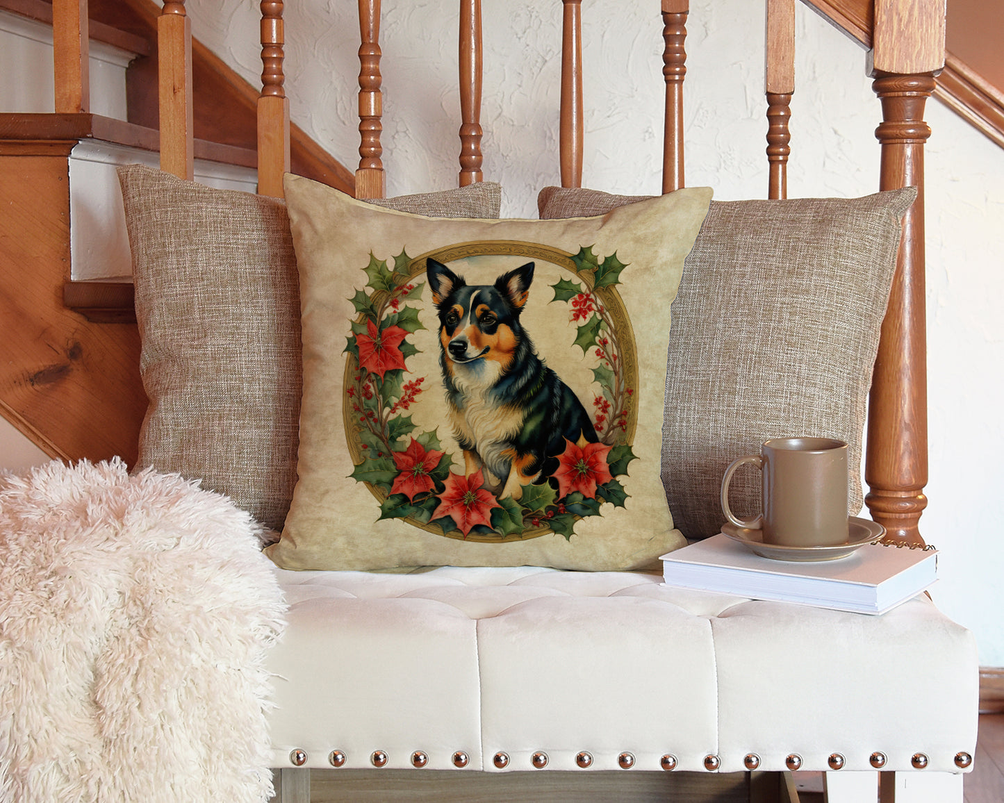 Lancashire Heeler Christmas Flowers Throw Pillow