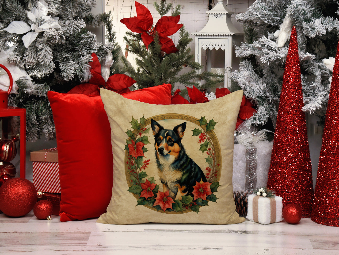 Lancashire Heeler Christmas Flowers Throw Pillow