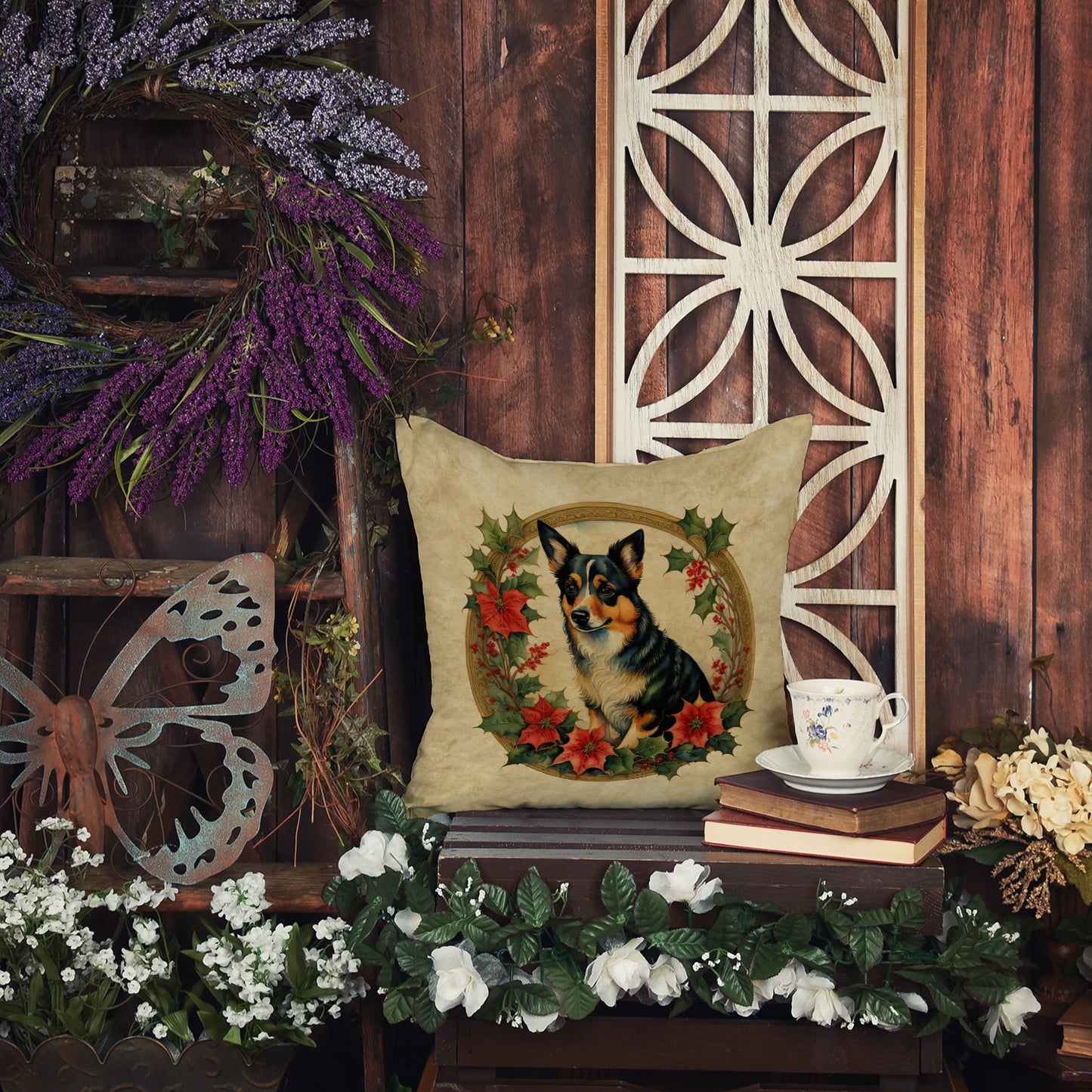 Lancashire Heeler Christmas Flowers Throw Pillow