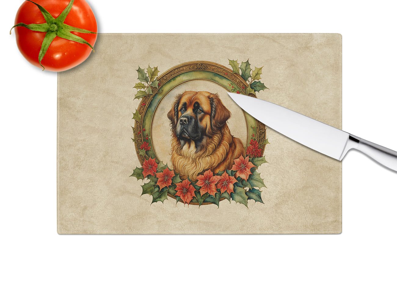 Leonberger Christmas Flowers Glass Cutting Board