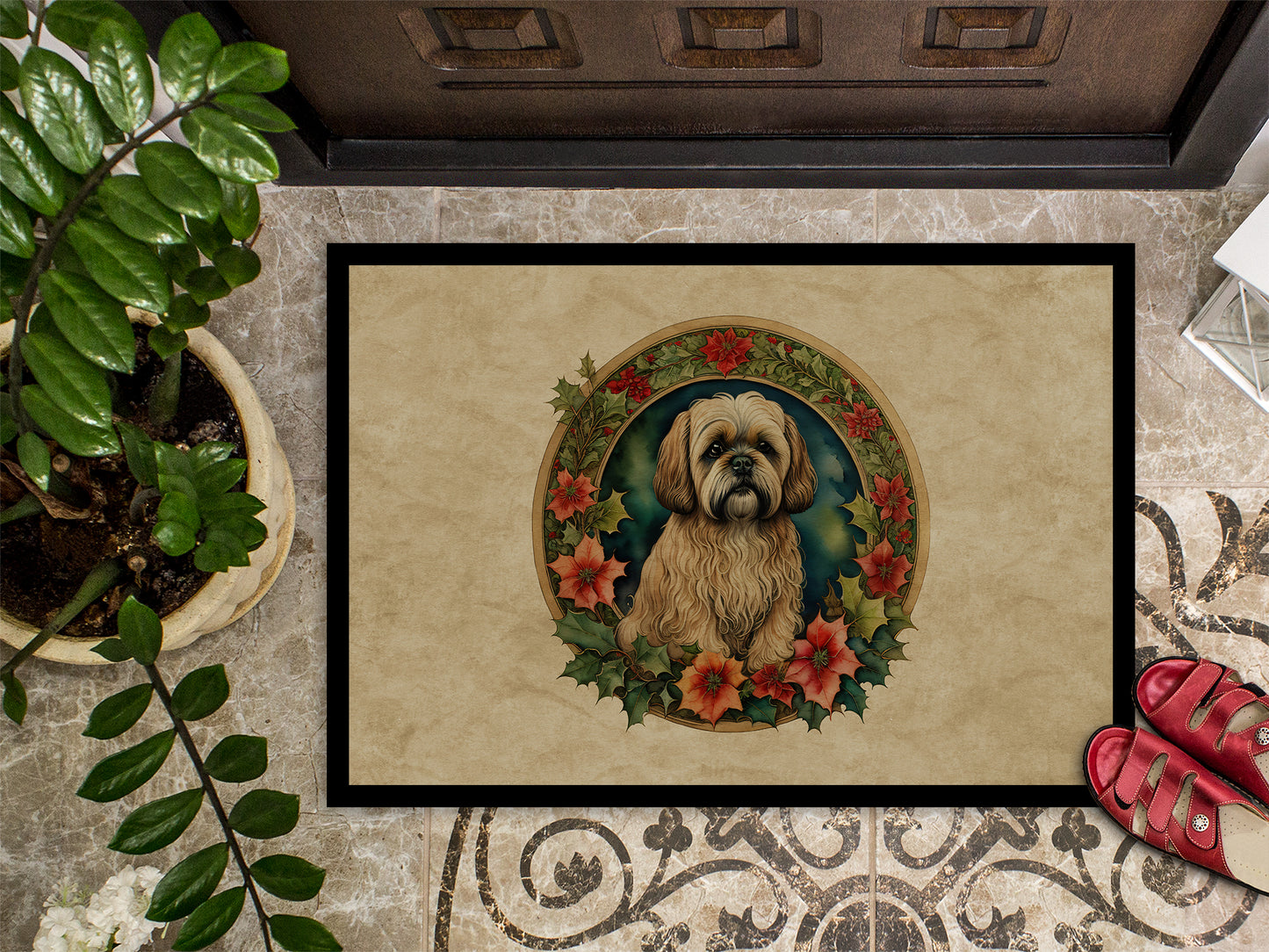 Lhasa Apso Christmas Flowers Doormat