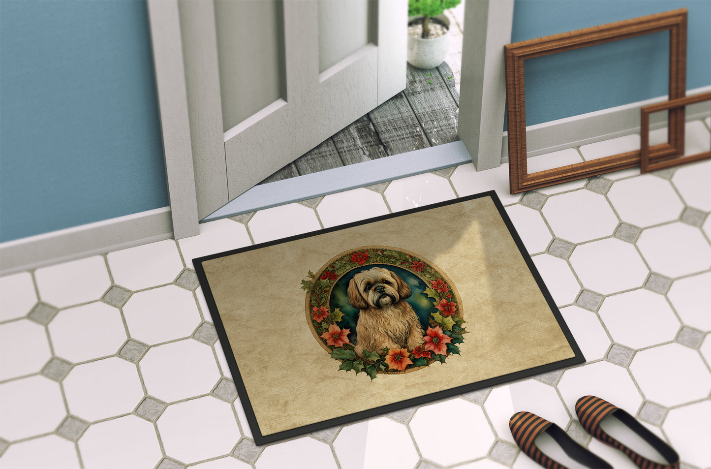 Lhasa Apso Christmas Flowers Doormat