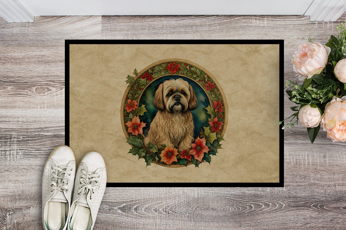 Lhasa Apso Christmas Flowers Doormat