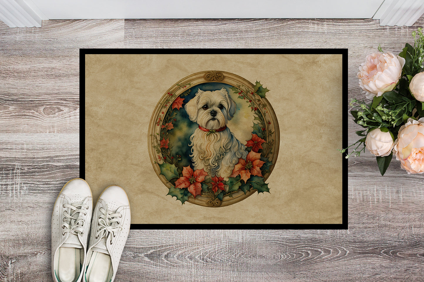 Maltese Christmas Flowers Doormat