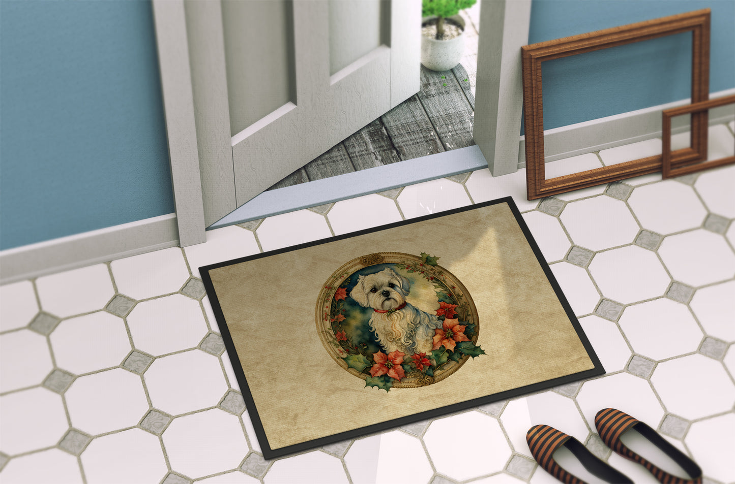 Maltese Christmas Flowers Doormat