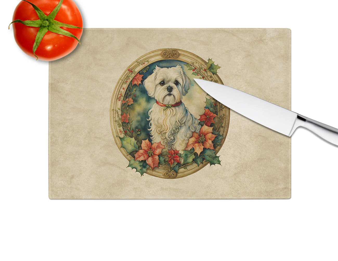 Maltese Christmas Flowers Glass Cutting Board