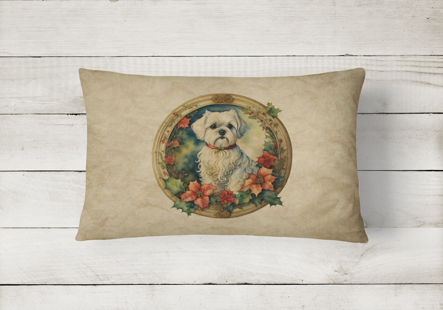 Maltese Christmas Flowers Throw Pillow