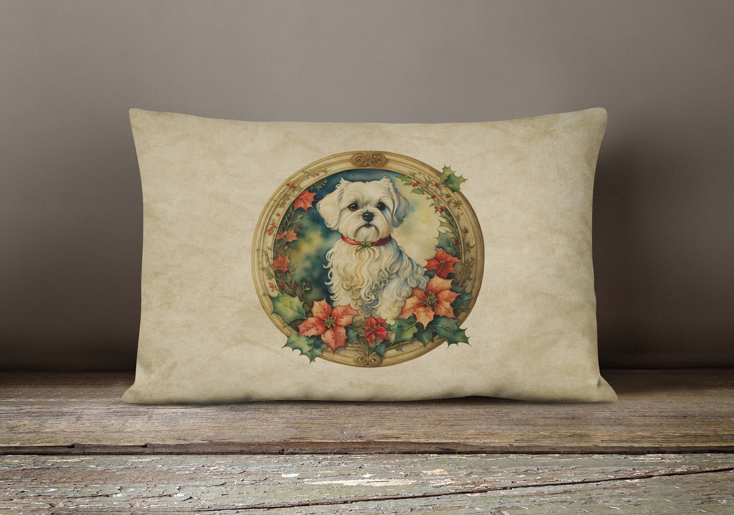 Maltese Christmas Flowers Throw Pillow