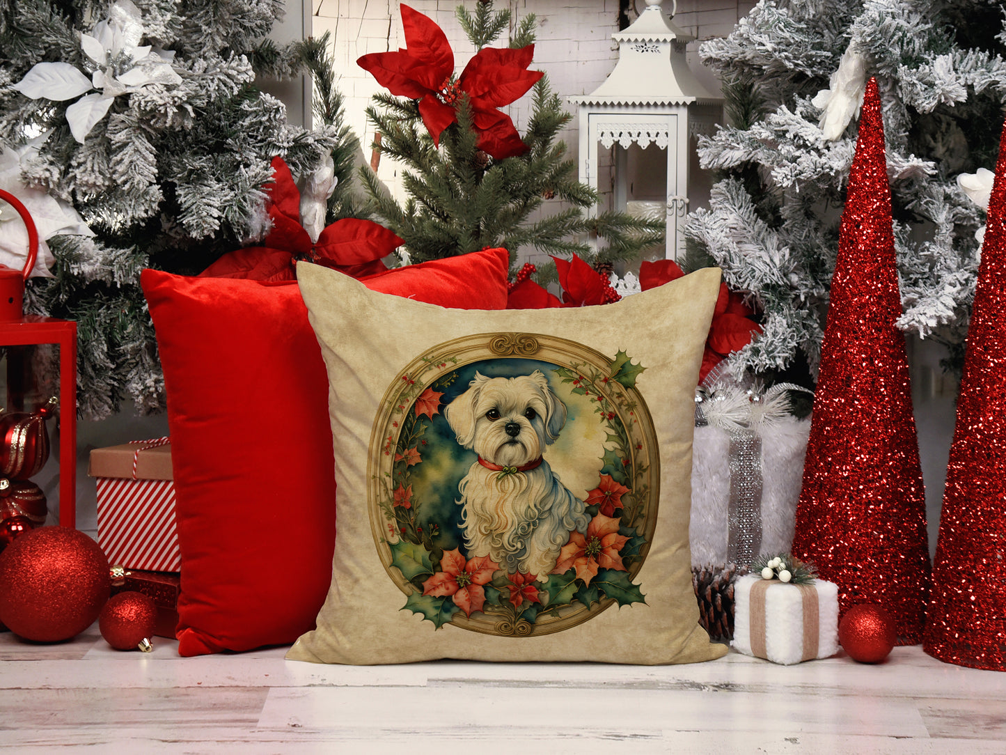 Maltese Christmas Flowers Throw Pillow