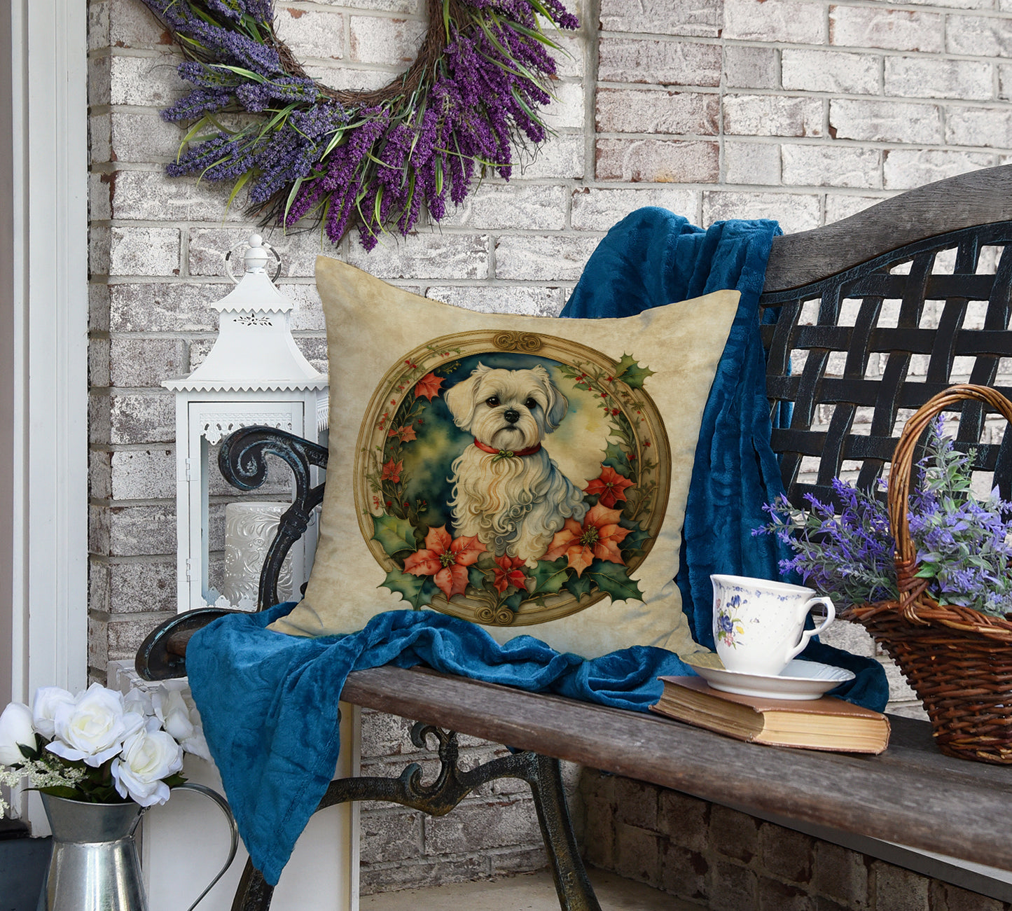 Maltese Christmas Flowers Throw Pillow