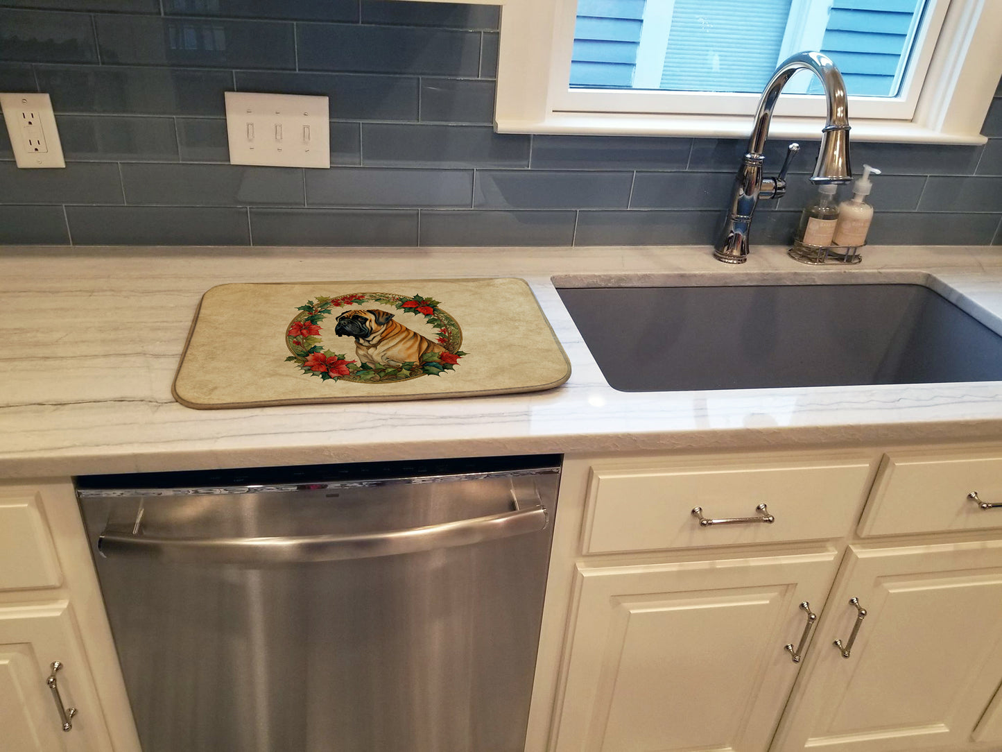 Mastiff Christmas Flowers Dish Drying Mat