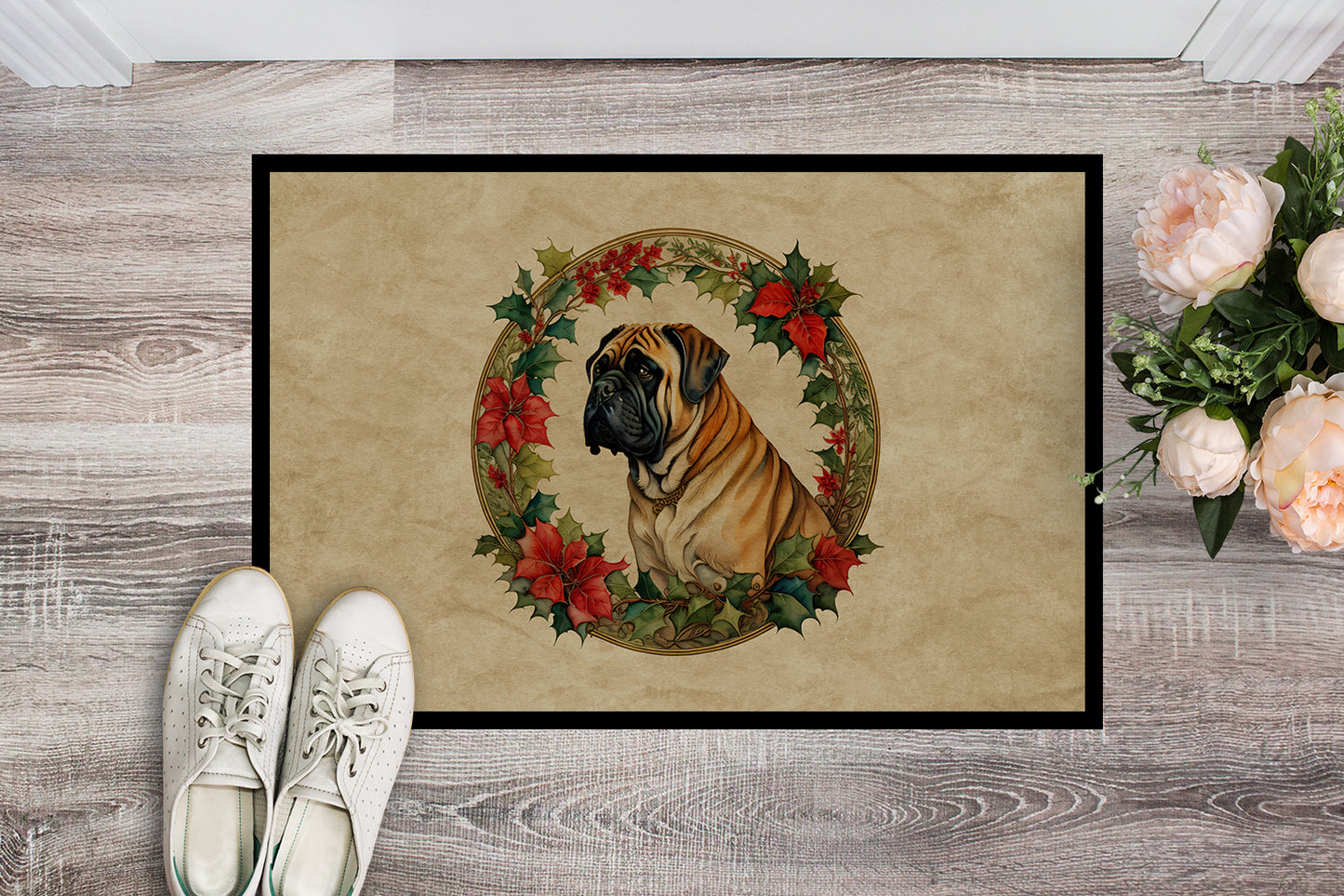 Mastiff Christmas Flowers Doormat