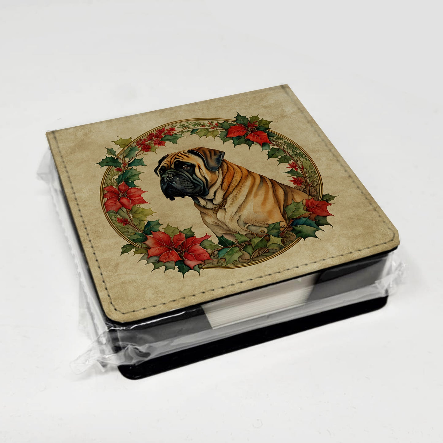 Mastiff Christmas Flowers PU Leather Note Paper Holder