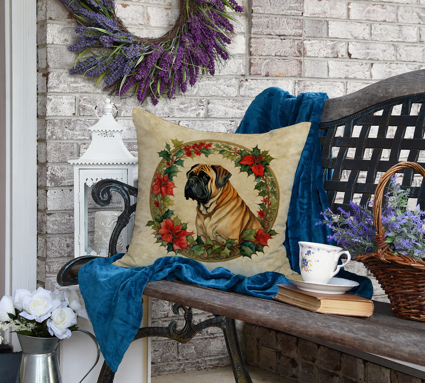 Mastiff Christmas Flowers Throw Pillow