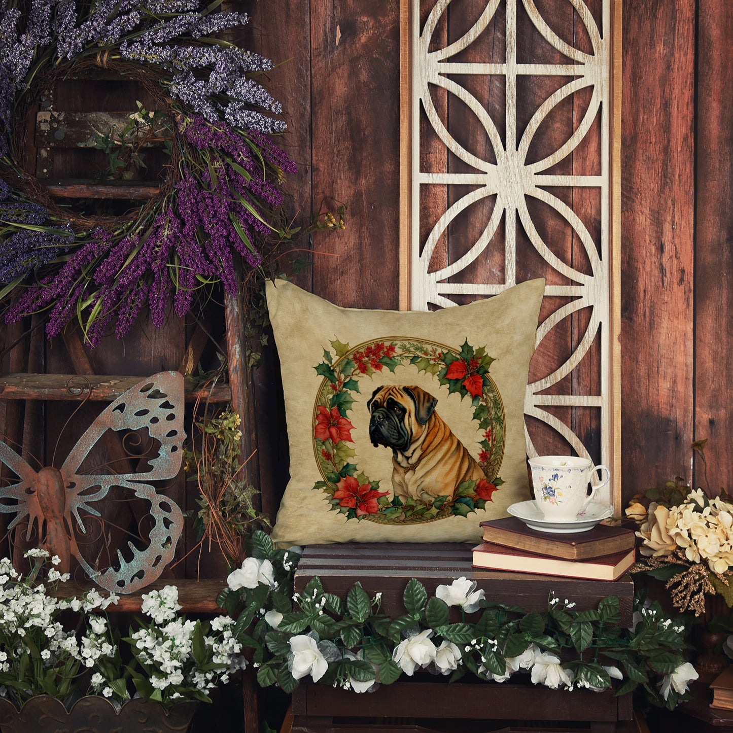 Mastiff Christmas Flowers Throw Pillow