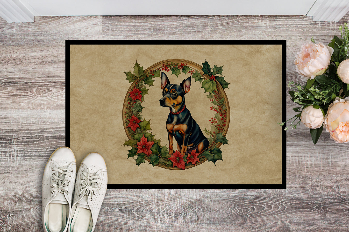 Miniature Pinscher Christmas Flowers Doormat