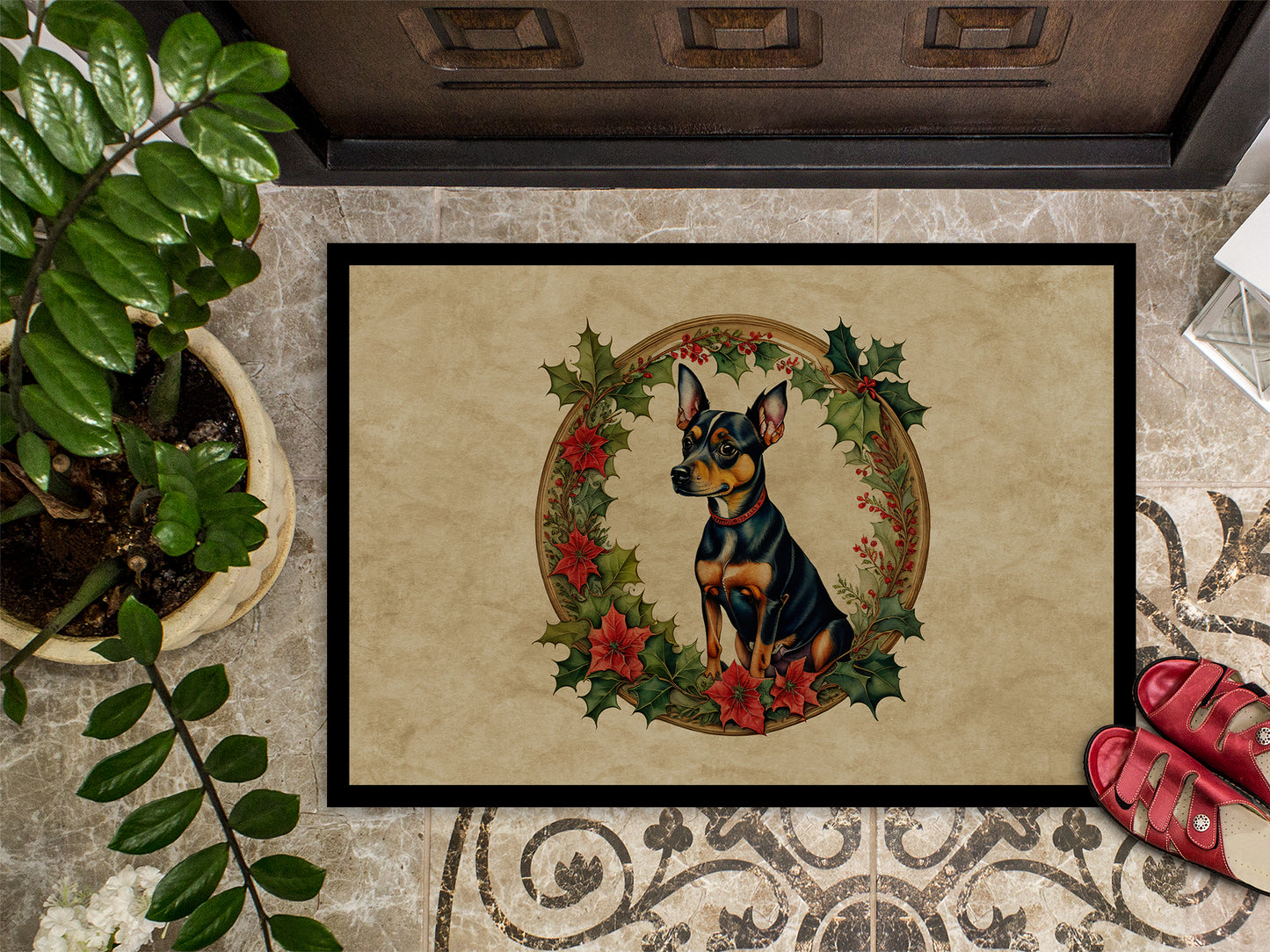 Miniature Pinscher Christmas Flowers Doormat