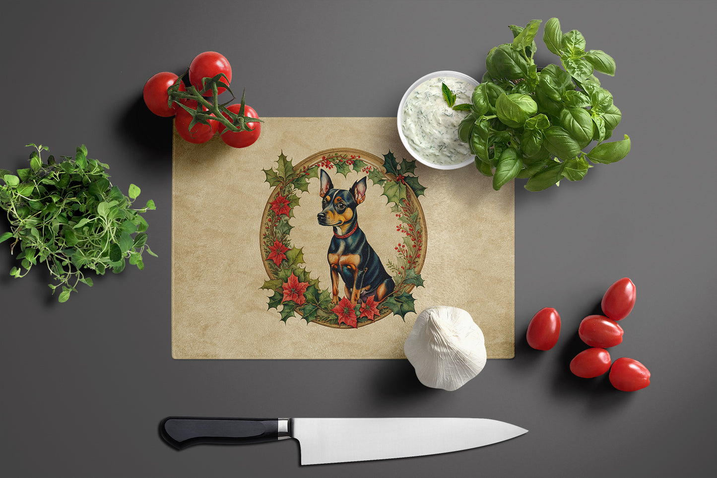 Miniature Pinscher Christmas Flowers Glass Cutting Board