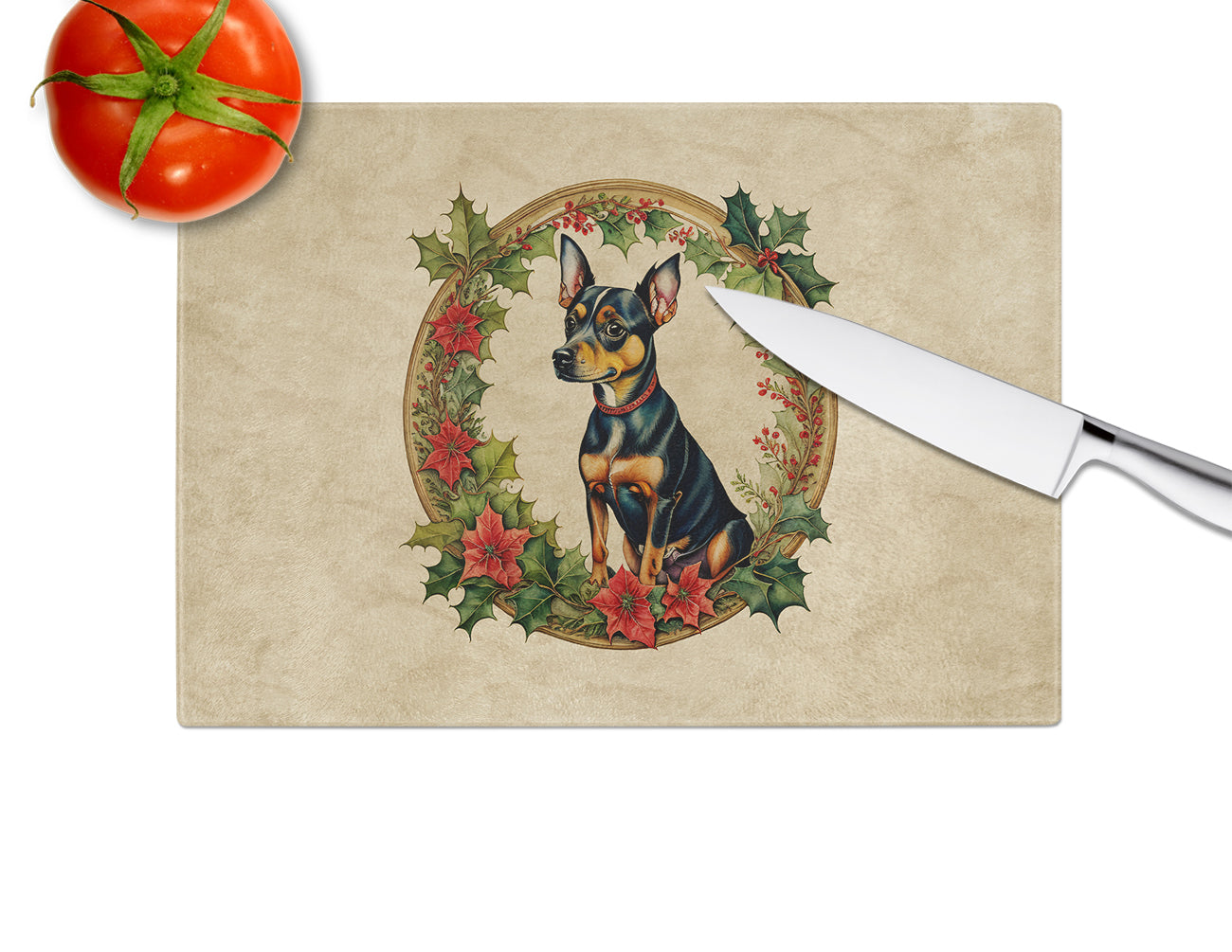 Miniature Pinscher Christmas Flowers Glass Cutting Board