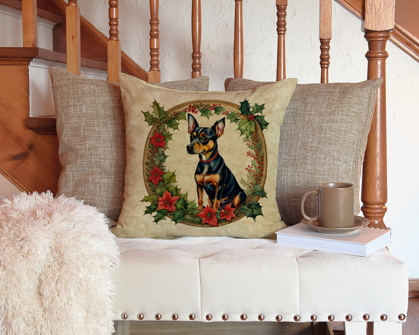 Miniature Pinscher Christmas Flowers Throw Pillow