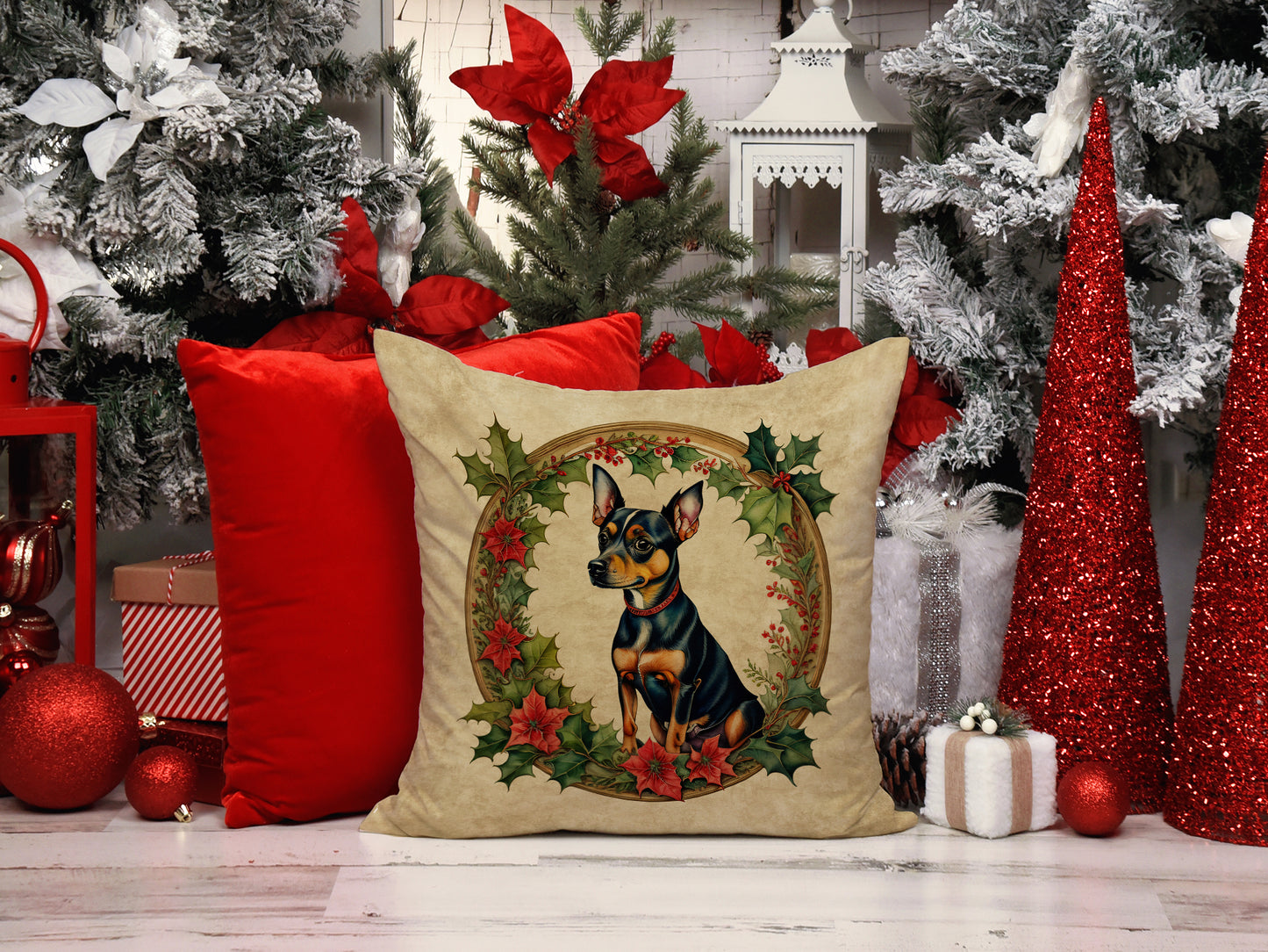 Miniature Pinscher Christmas Flowers Throw Pillow