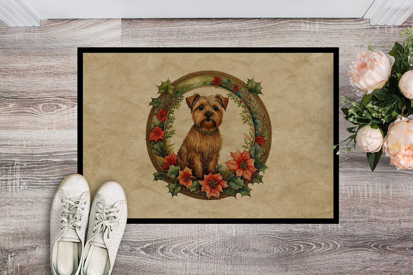 Norfolk Terrier Christmas Flowers Doormat