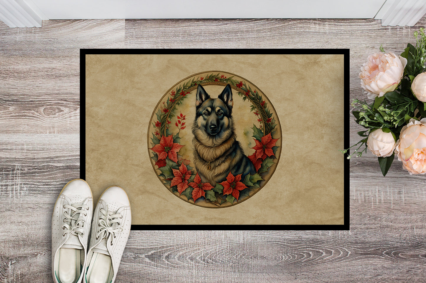 Norwegian Elkhound Christmas Flowers Doormat