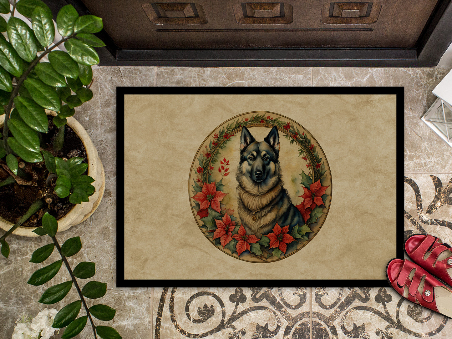 Norwegian Elkhound Christmas Flowers Doormat