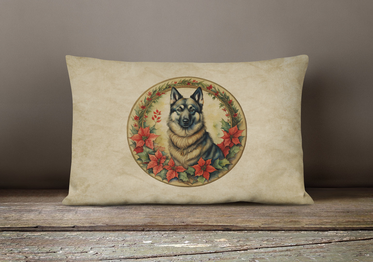 Norwegian Elkhound Christmas Flowers Throw Pillow