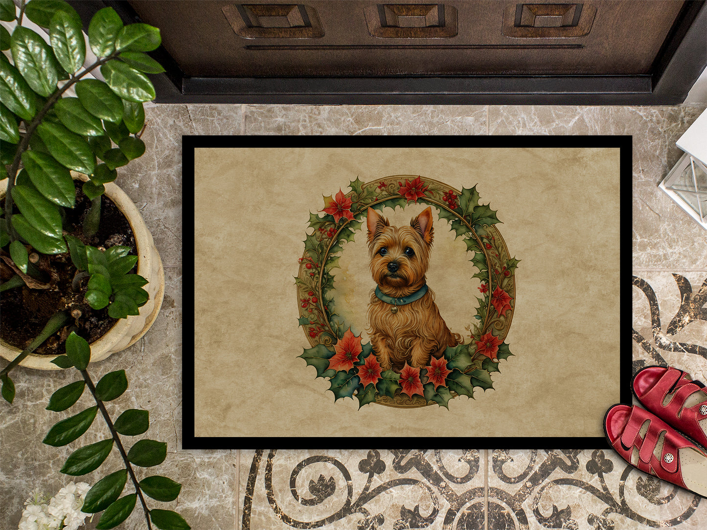 Norwich Terrier Christmas Flowers Doormat