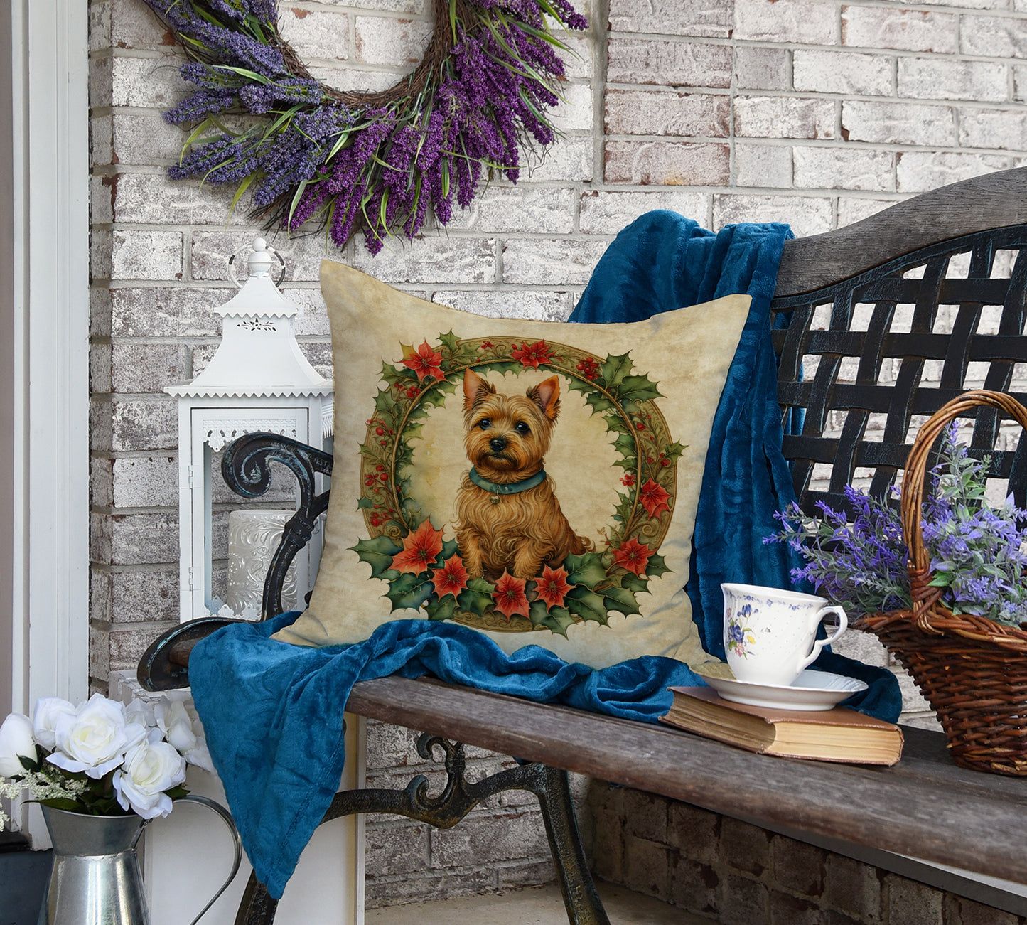 Norwich Terrier Christmas Flowers Throw Pillow