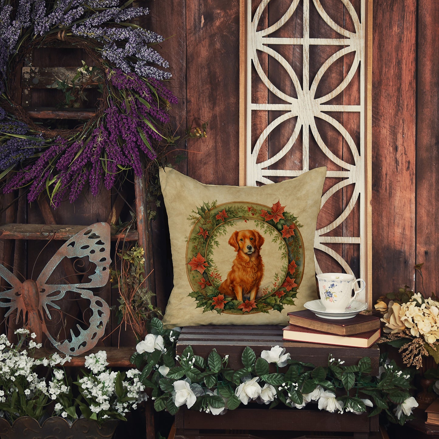 Nova Scotia Duck Tolling Retriever Christmas Flowers Throw Pillow