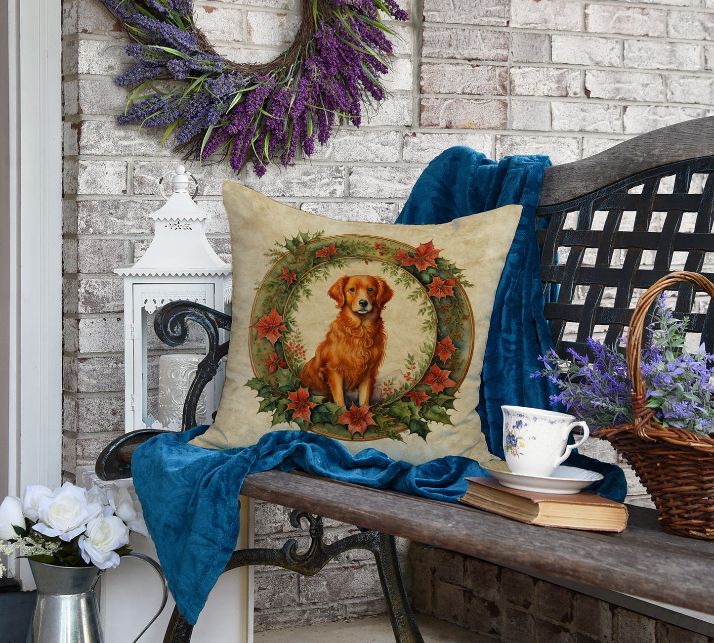 Nova Scotia Duck Tolling Retriever Christmas Flowers Throw Pillow