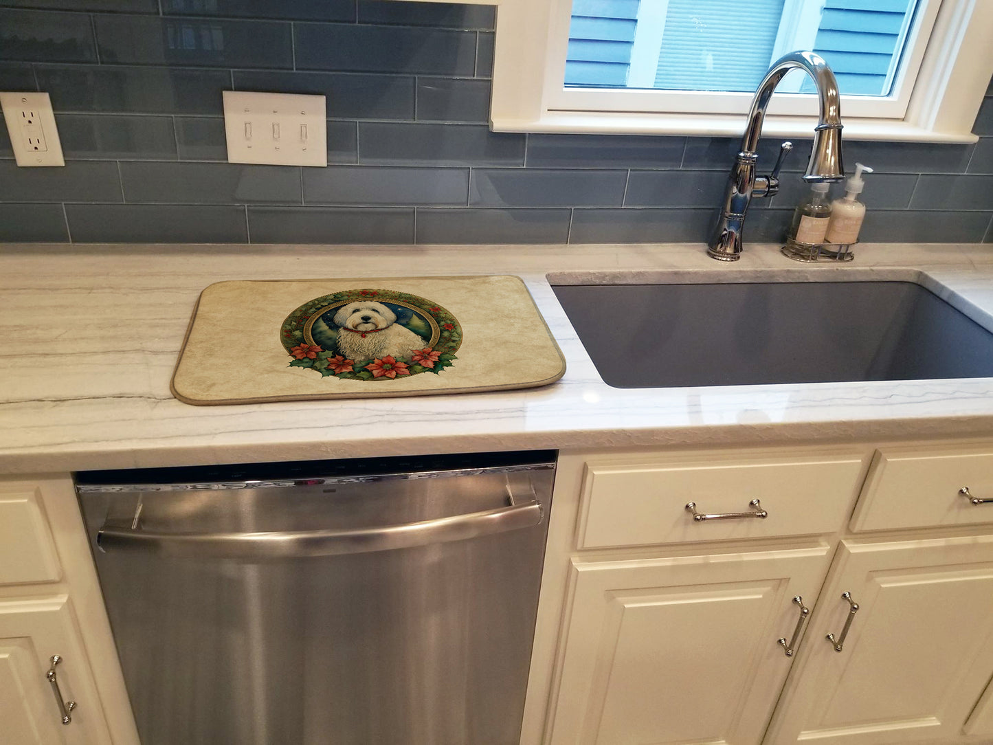 Old English Sheepdog Christmas Flowers Dish Drying Mat