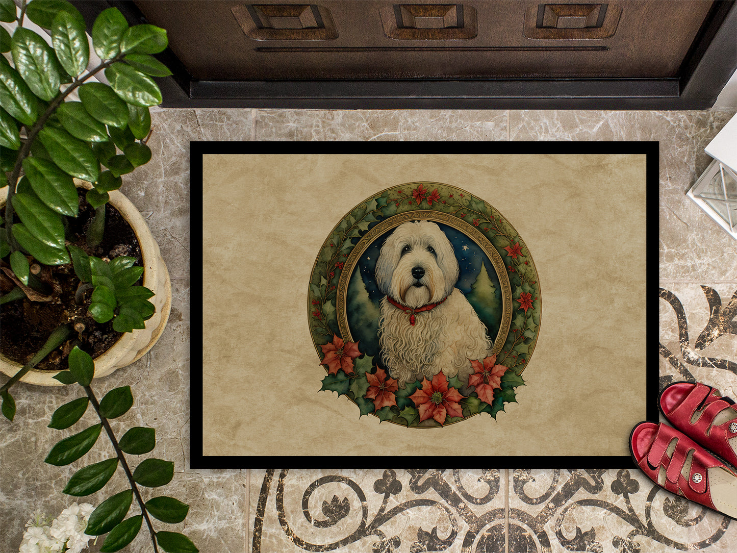 Old English Sheepdog Christmas Flowers Doormat