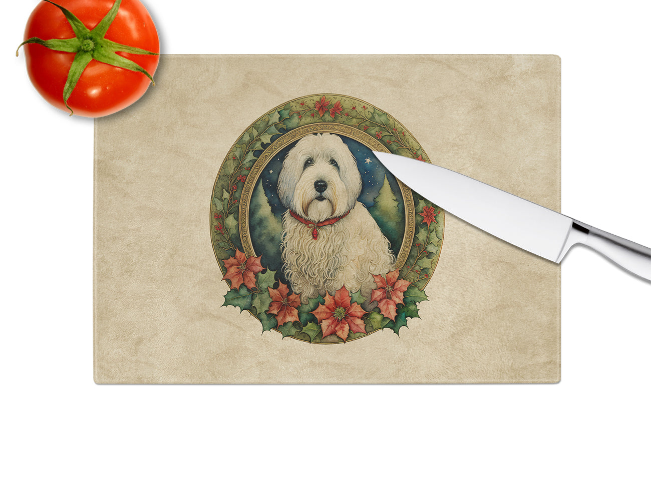 Old English Sheepdog Christmas Flowers Glass Cutting Board