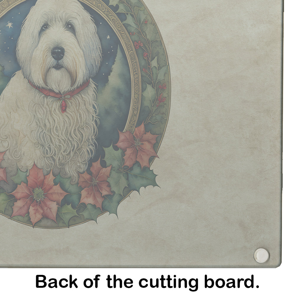 Old English Sheepdog Christmas Flowers Glass Cutting Board