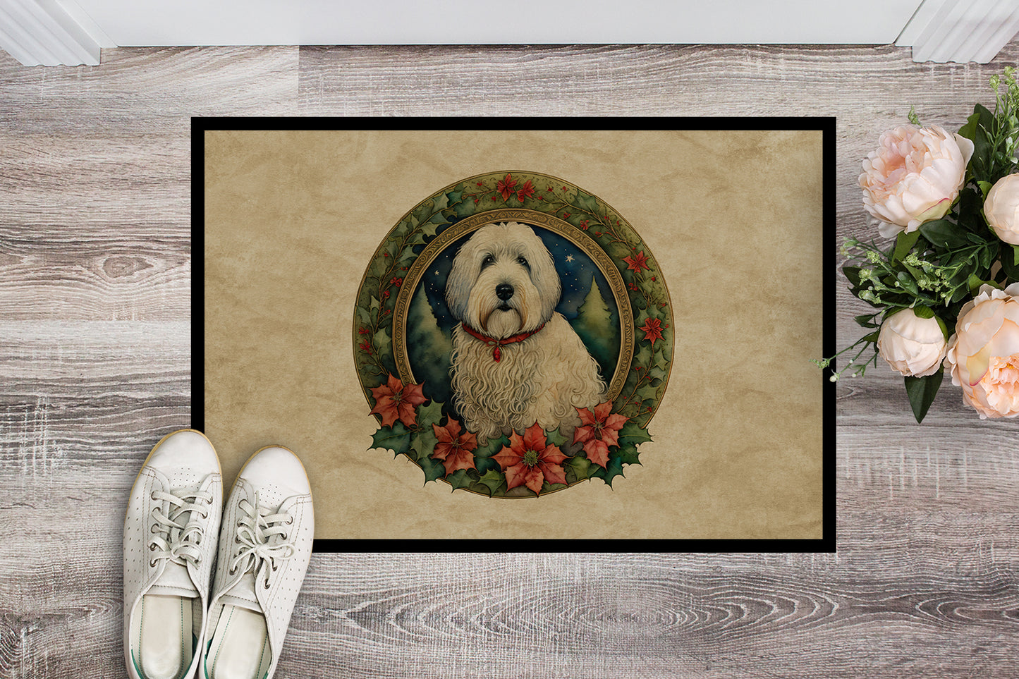 Old English Sheepdog Christmas Flowers Doormat