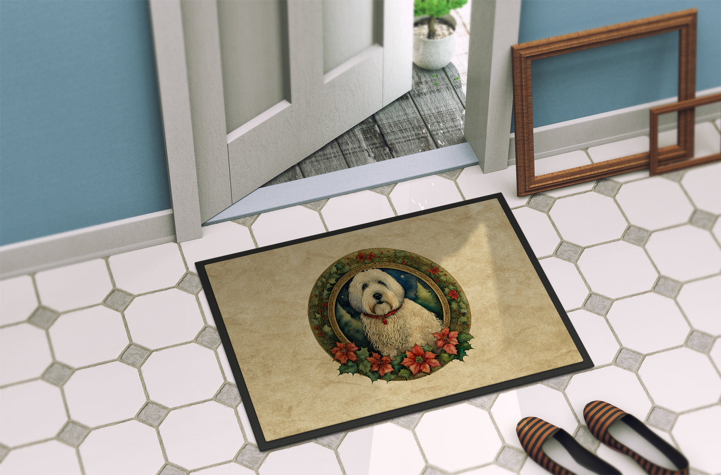 Old English Sheepdog Christmas Flowers Doormat