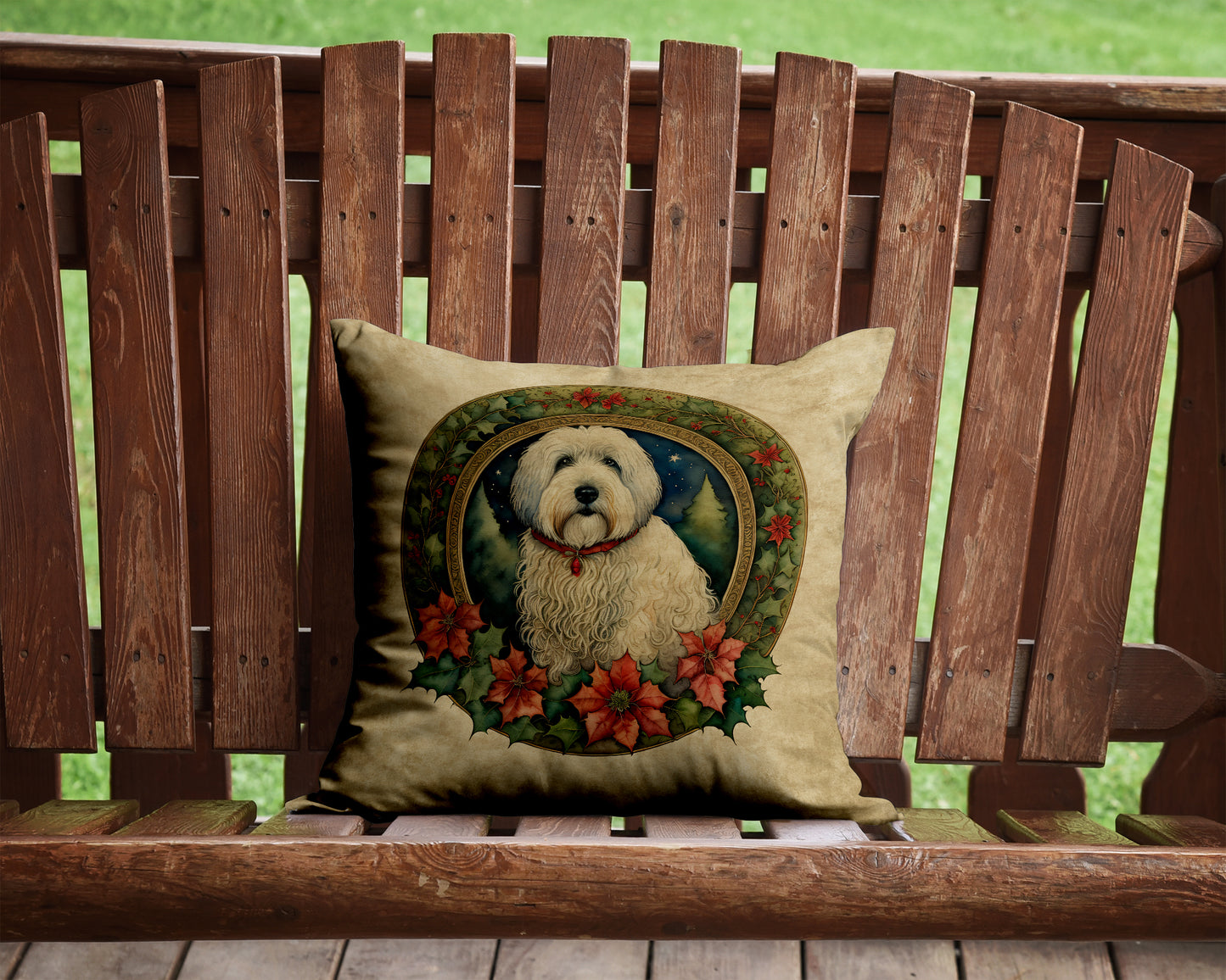 Old English Sheepdog Christmas Flowers Throw Pillow