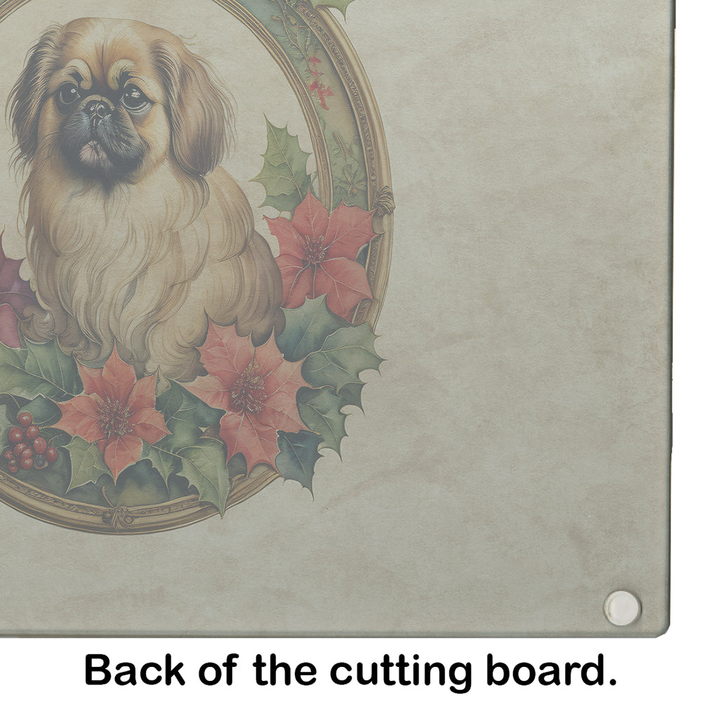 Pekingese Christmas Flowers Glass Cutting Board