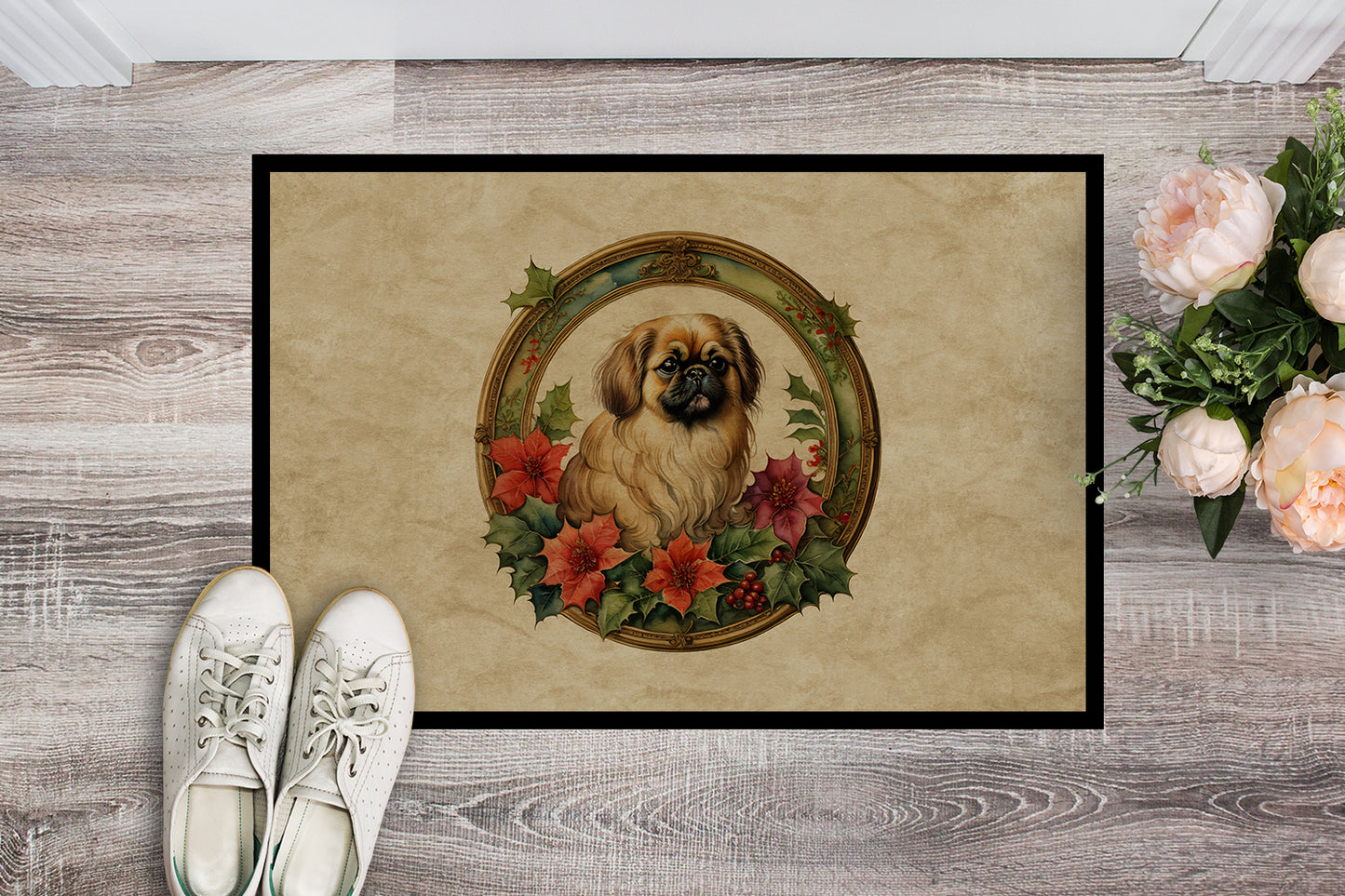 Pekingese Christmas Flowers Doormat