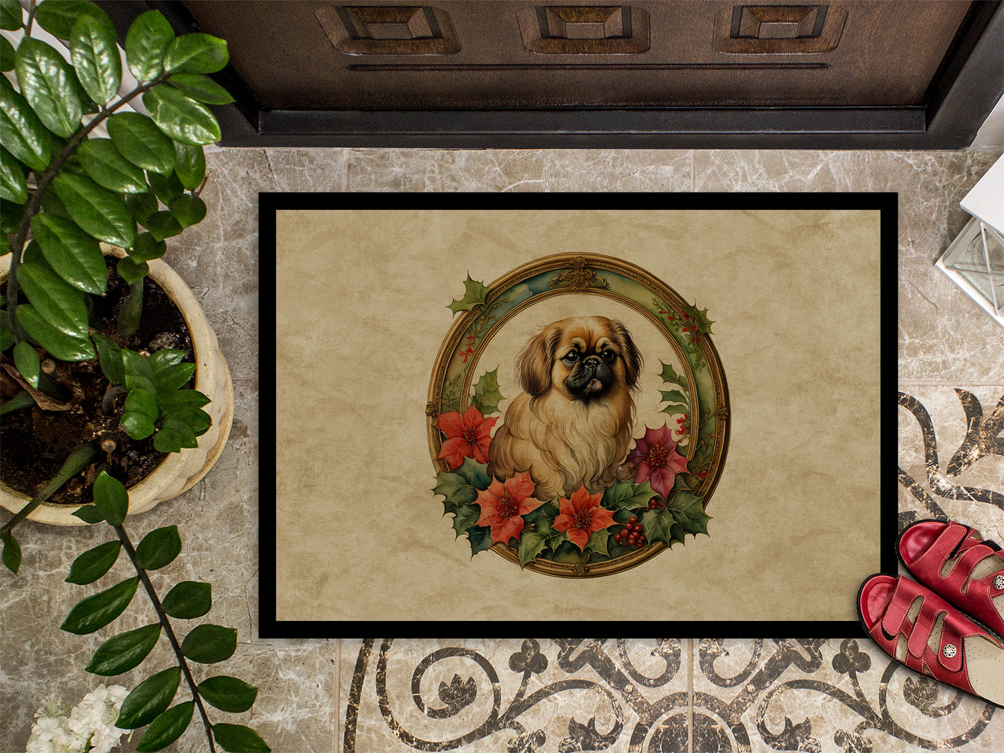 Pekingese Christmas Flowers Doormat