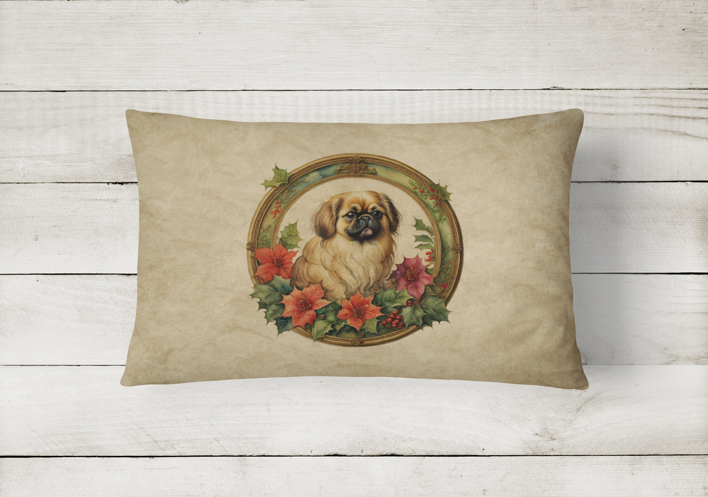 Pekingese Christmas Flowers Throw Pillow