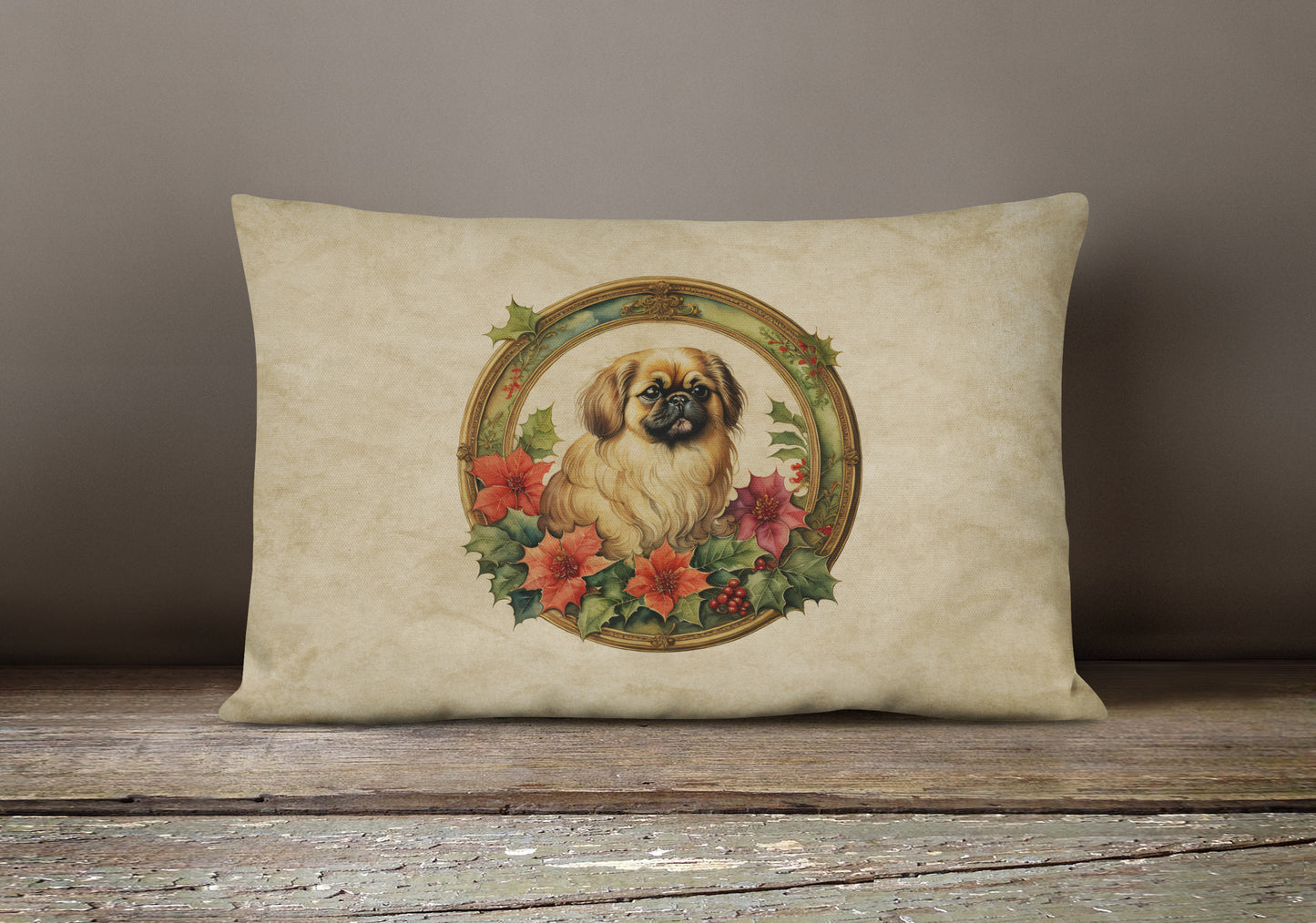 Pekingese Christmas Flowers Throw Pillow