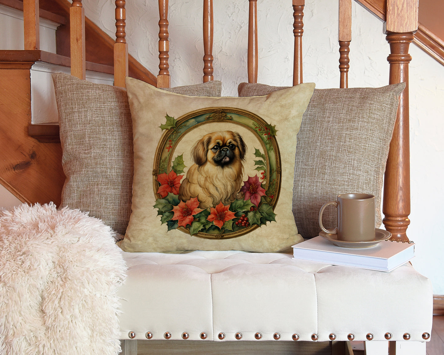 Pekingese Christmas Flowers Throw Pillow