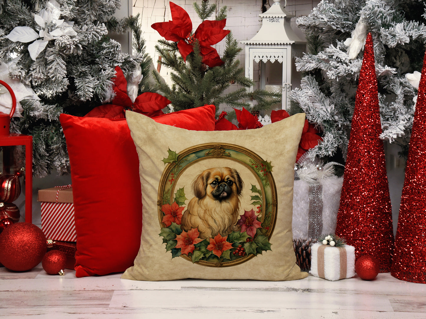 Pekingese Christmas Flowers Throw Pillow